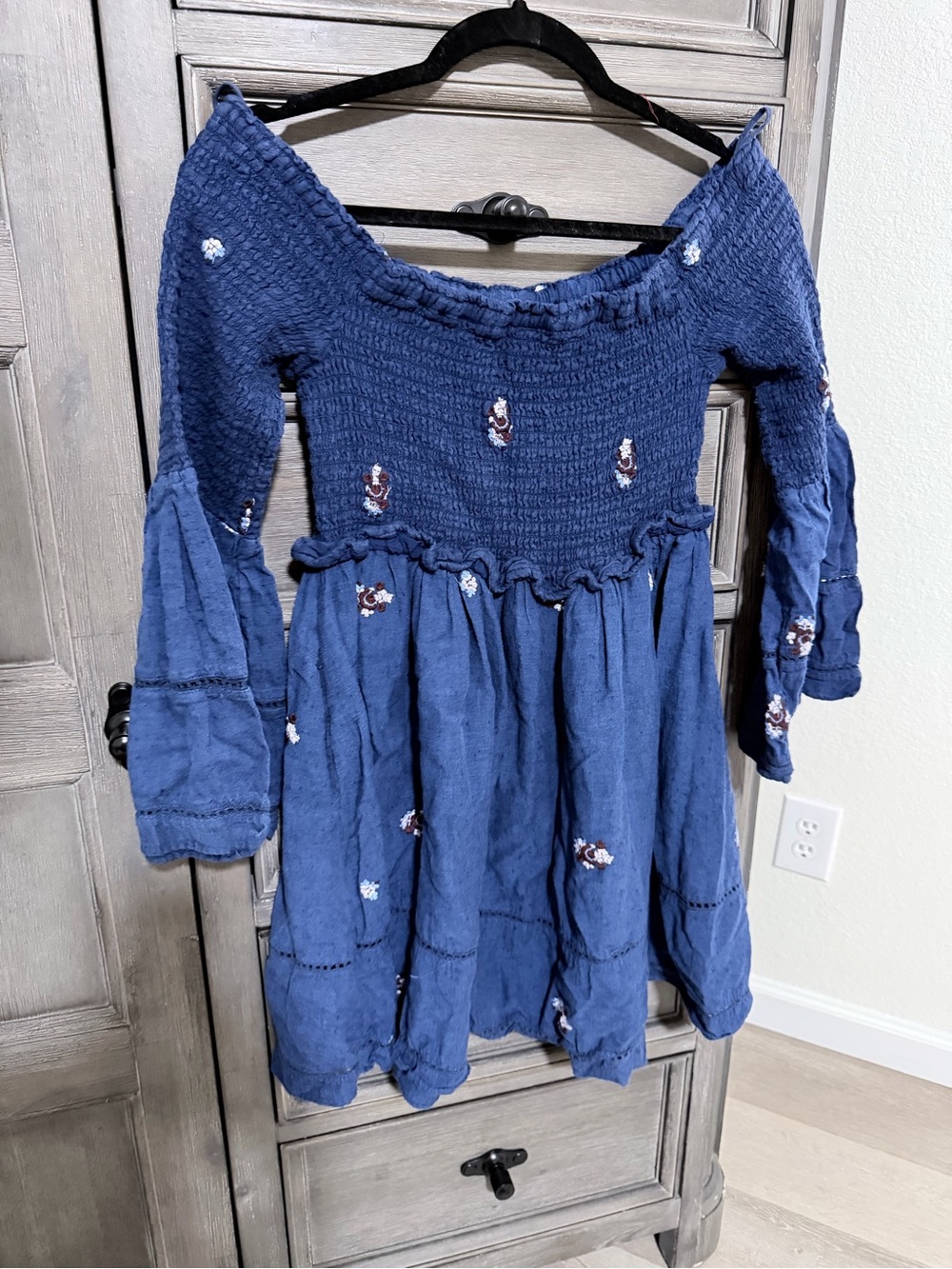 Free People Indigo Smocked Off-Shoulder Embroidered Dress
